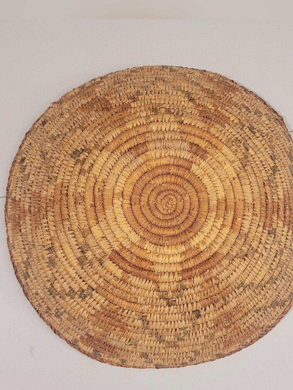 16 in Native American Style Handwoven Round Basket Natural Coiled Flower Design